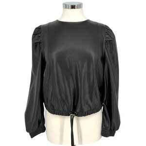 Zara Womens Black Faux Leather Long Puff Sleeve Drawstring Top  Size Large
